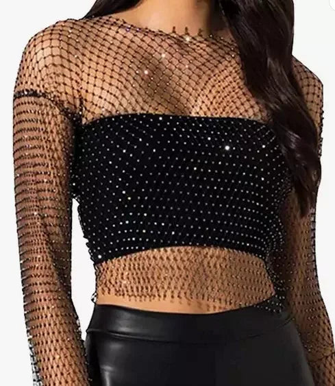 SHIXIN Rhinestone Long Sleeve Crystal See Through Cover up Crop Tops Fishnet Bikini Black Nightclub Party Jewelry Wholesale