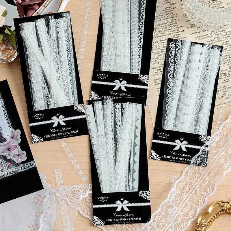 30pcs/set Strip White Lace Decor PET Stickers Collage Junk Journal DIY Scrapbooking Self Adhesive Creative Craft Stickers