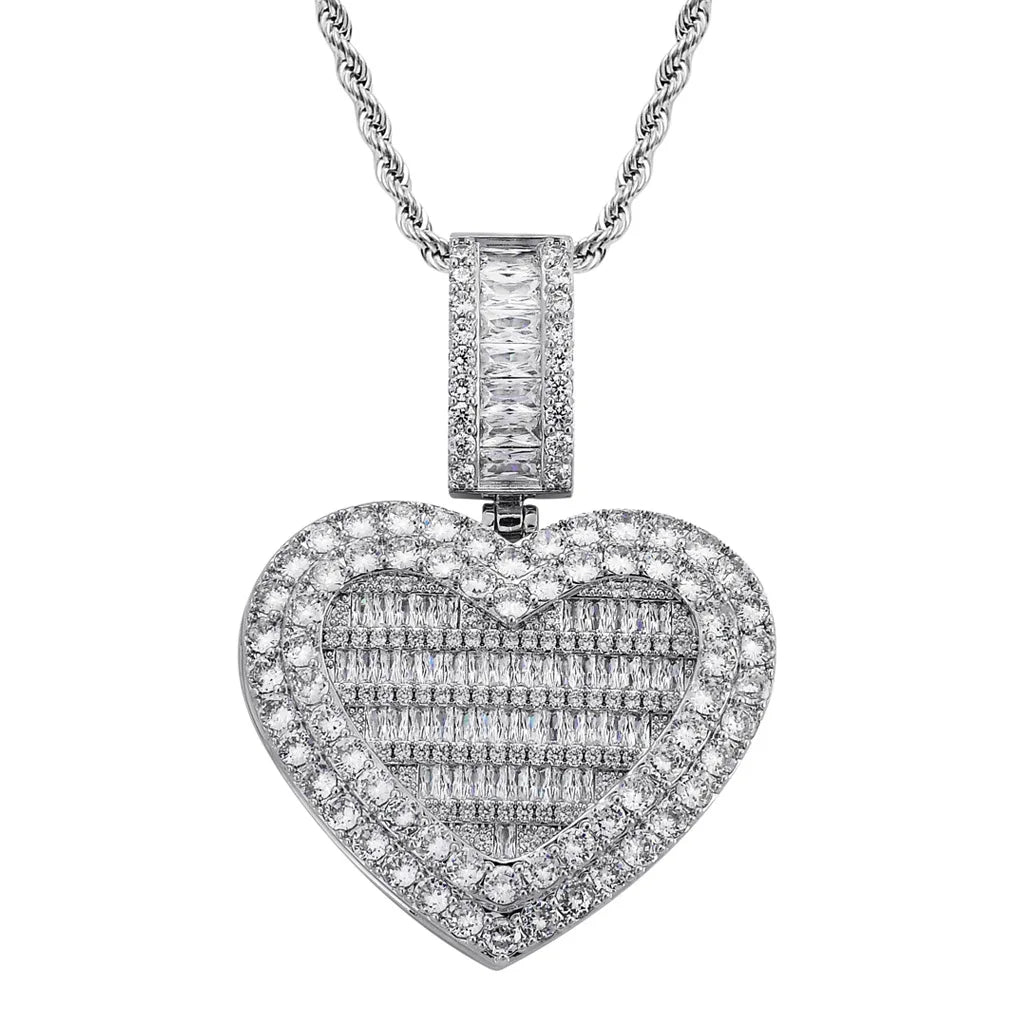Hip Hop Micro-Encrusted Zircon Brass Rope Heart Photo Frame Pendant Private Memorial Love Flip Necklace Fashionable Party