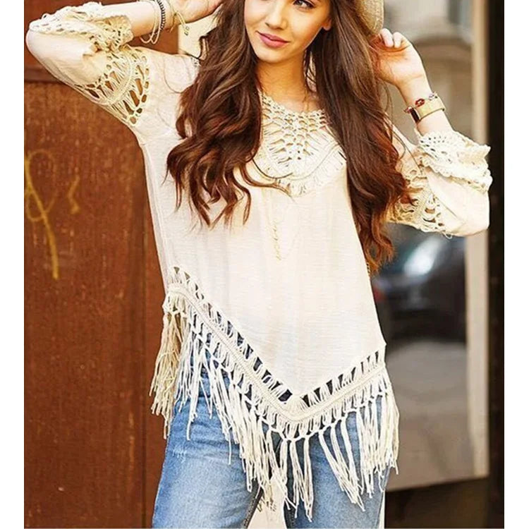 Hot Sale V-neck Beach Wear Loose Cotton Bikini Cover Ups Knitted Fringed Beach Cover Ups