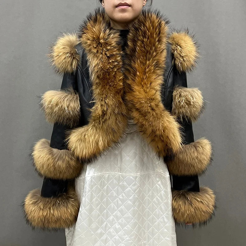 Plus Size Real Fox Fur Jacket Women Natural Raccoon Fur Genuine Leather Jacket