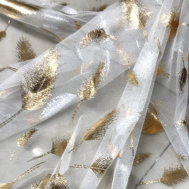 Wholesale Printing Fashion Bronzing Feather Dress French Mesh Fabric