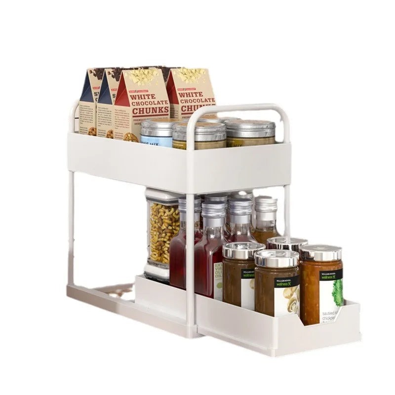 Under Sink Aluminum Modern Standing Type Double Tier Spice Organizer Storage Rack with Cabinet Basket for Kitchen