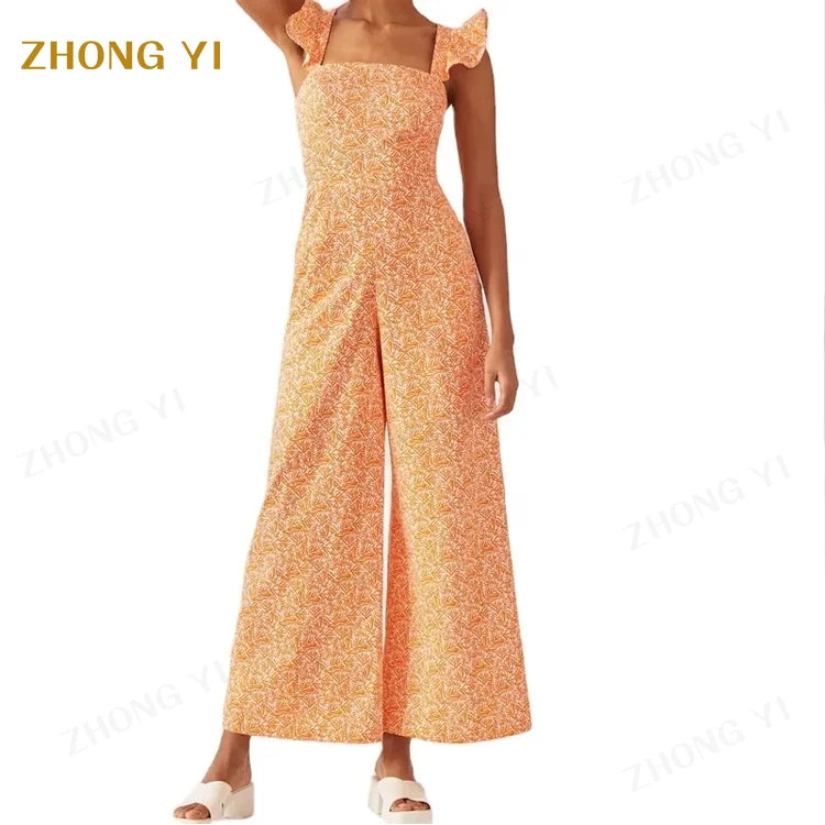 Clothing Manufacturers Custom Oem Fashionable Women's Jumpsuits Ruffled Sling Jumpsuit Loose Casual Print and Dye Playsuit