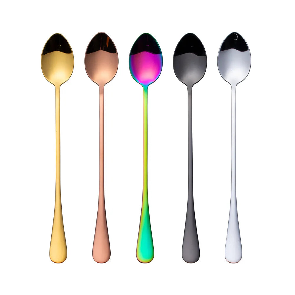 Stylish Colorful Stainless Steel Long Handle Tea Coffee Ice Cream Spoon Mirror Polished for Party Occasions