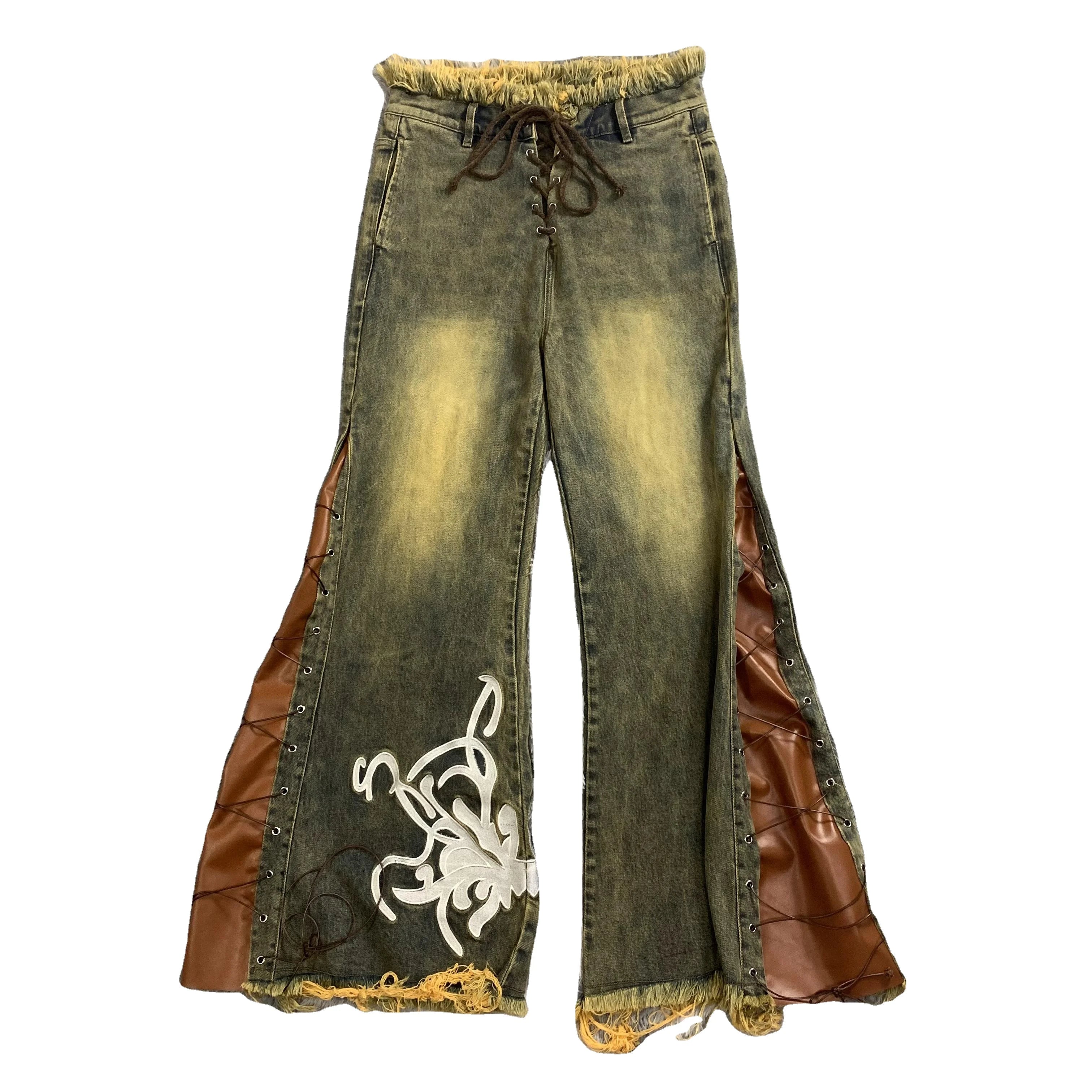 DENIMGUYS Custom Men's Hip Hop Style Wide Leg Pants Men Loose Patchwork Embroidered Baggy Stacked Vintage Jeans