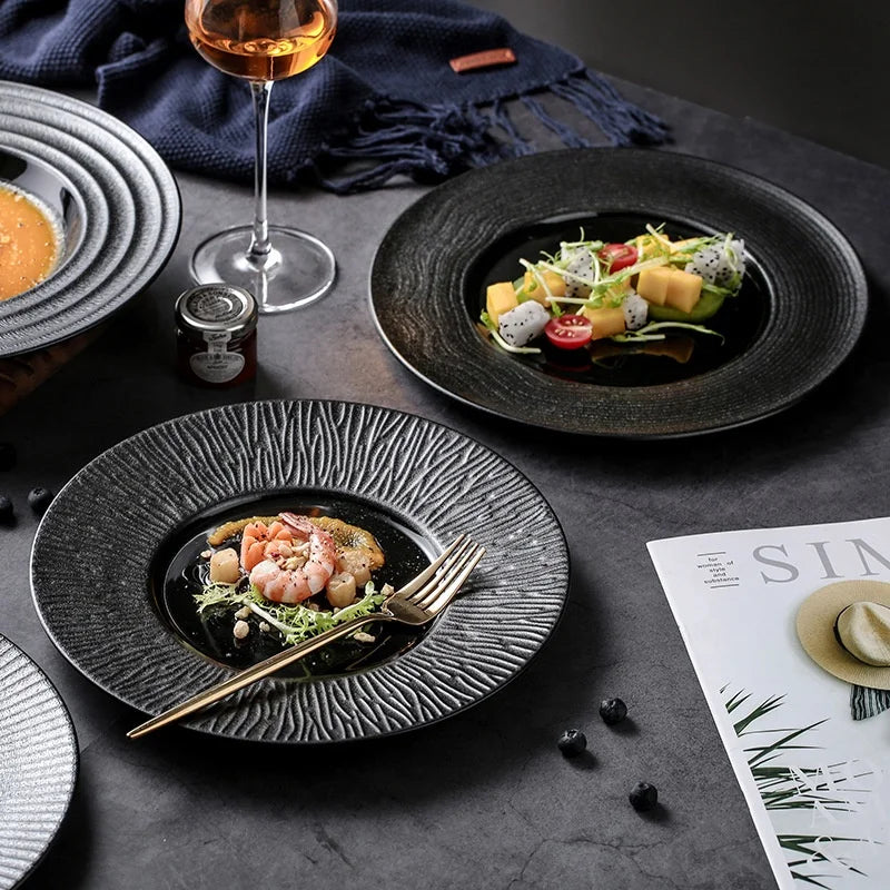 Japanese Ceramic Platter Flat Plate Salad Plate Pizza Baking Plate Creative Relief Black and White Tableware Factory Direct Sale