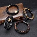 2023 Hot-Sale Stainless Steel Natural Tiger Eye Agate Stone Cross Bracelet Multi-layer Braided Leather Bracelet for Men