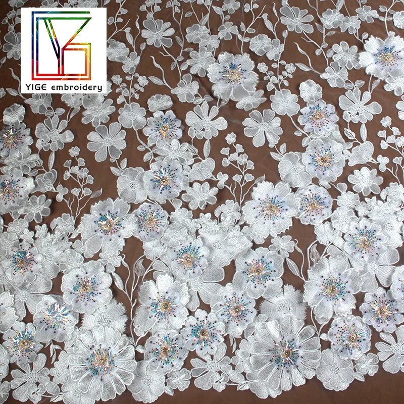 New White Big 3d Flower Embroidery With Shinning Diamond French Tulle Mesh Lace Bridal Fabric