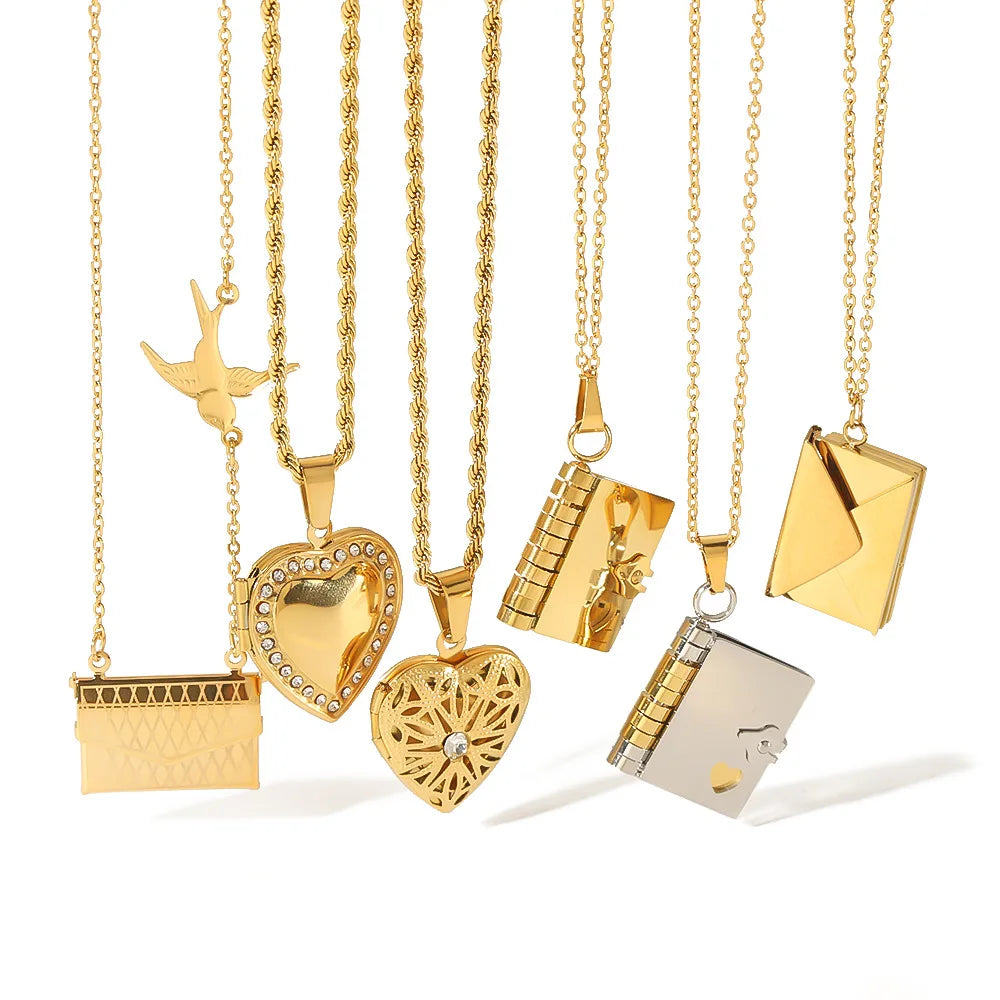 G2736 Wholesale Collier Stainless Steel Gold Plated Openable Envelope Heart Shape Album Book Locket Pendant Necklace Jewelry