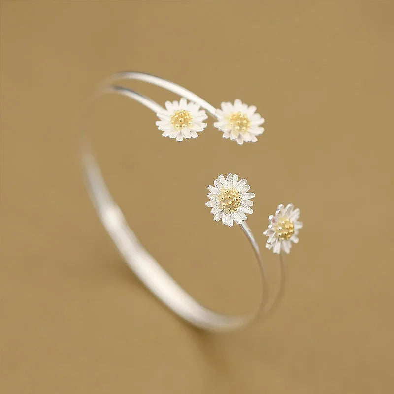 Personality New Art 925 Sterling Silver Jewelry 4 Daisy Gold High-quality Popular Open Bracelet