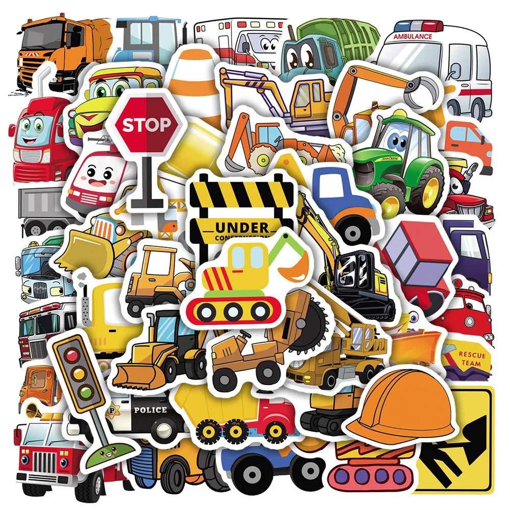 50Pcs Cartoon Engineering Vehicle Graffiti Stickers for Children Car Toy School Home Wall Kids Learning Sticker Label