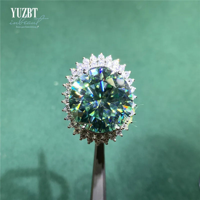 Silver 925 Original 15 Carat Brilliant Cut Genuine Diamond Test Past Blue Green Moissanite Wedding Ring for Women Fine Jewelry
