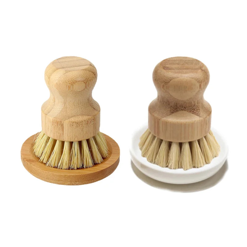 Natural Bamboo Wood and Ceramic Soap Holder for Pot Cleaning Brush Kitchen Cleaning Brush With Dispenser