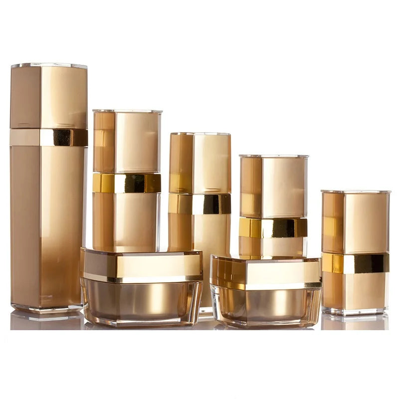 Custom logo Acrylic Gold square Cosmetic Bottle and Jar Cosmetic Package Container Set for Skin Care Production Facial Cream Jar
