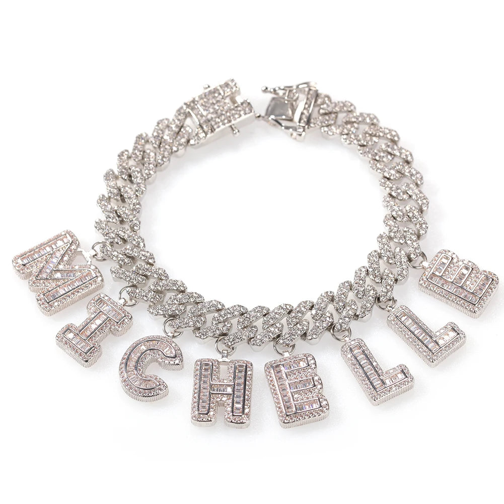 Custom DIY Hip Hop Rapper Jewelry Name 12mm Cuban Link Chain Choker Necklaces and Bracelets with Hanging Letters for Gift