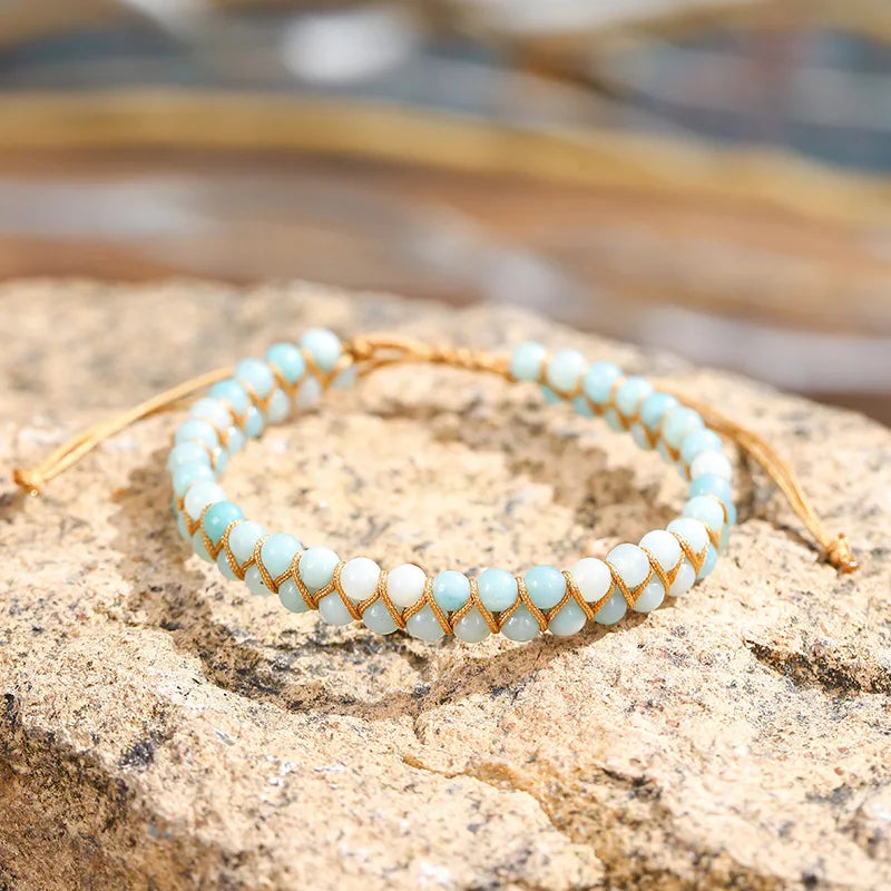 Double Layers Woven Jewelry Natural a Grade Amazonite Crystal Jade Stone Adjustable Handmade Yoga Beaded Wrap Bangle Bracelets