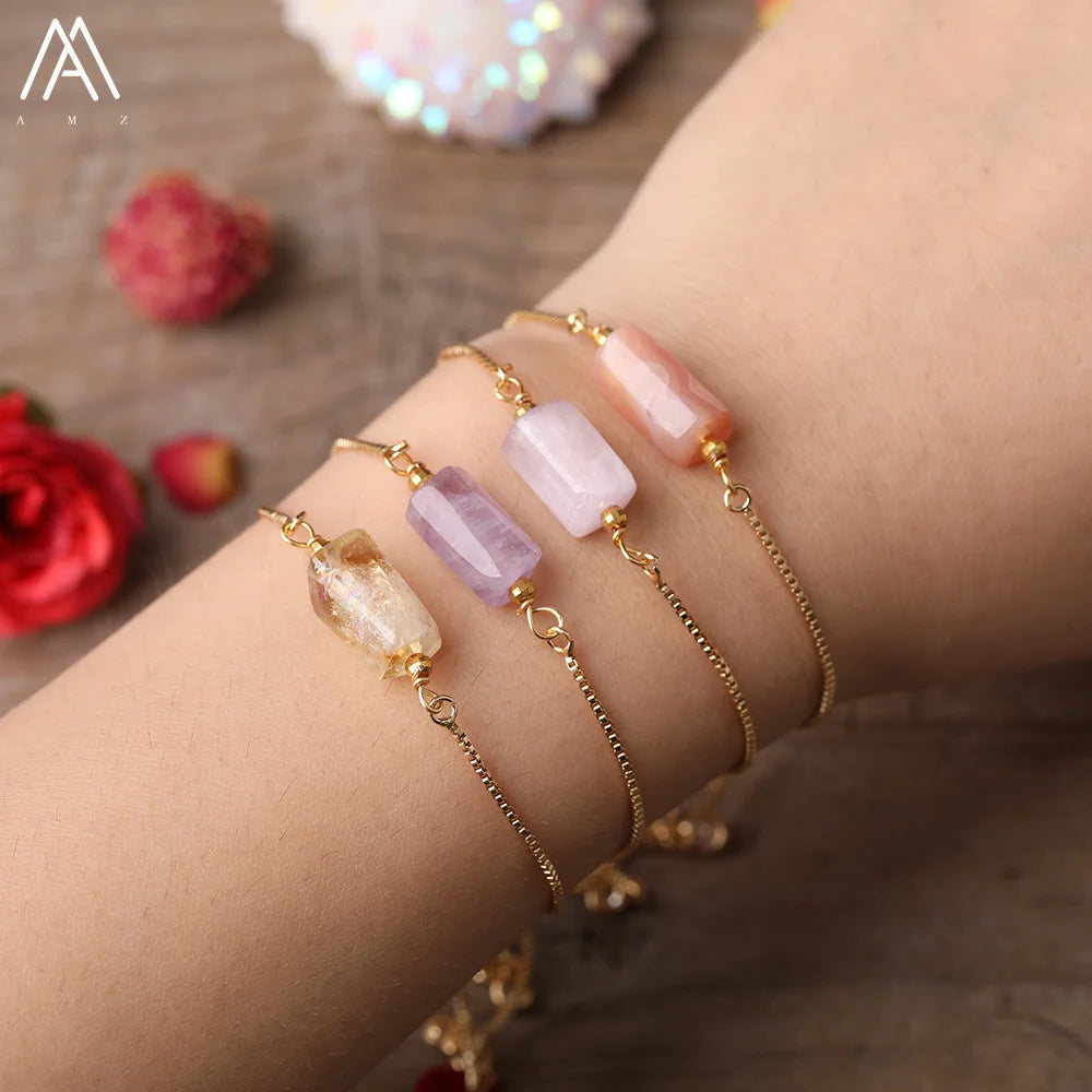 Single Gemstone Cylinder Charms Bracelet Fashion Thin Chain Adjustable Bracelets