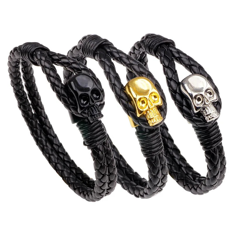 SC Personalized Leather Bangle Bracelet Punk Genuine Leather Bracelet Hip Hop Gold Skull Shape Bracelet for Women Men