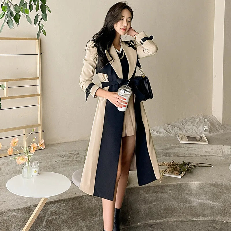 Wholesale 2025 Autumn New Korean Style Style Suit Collar Colorful Tie up Fashion Women's Trench Coat