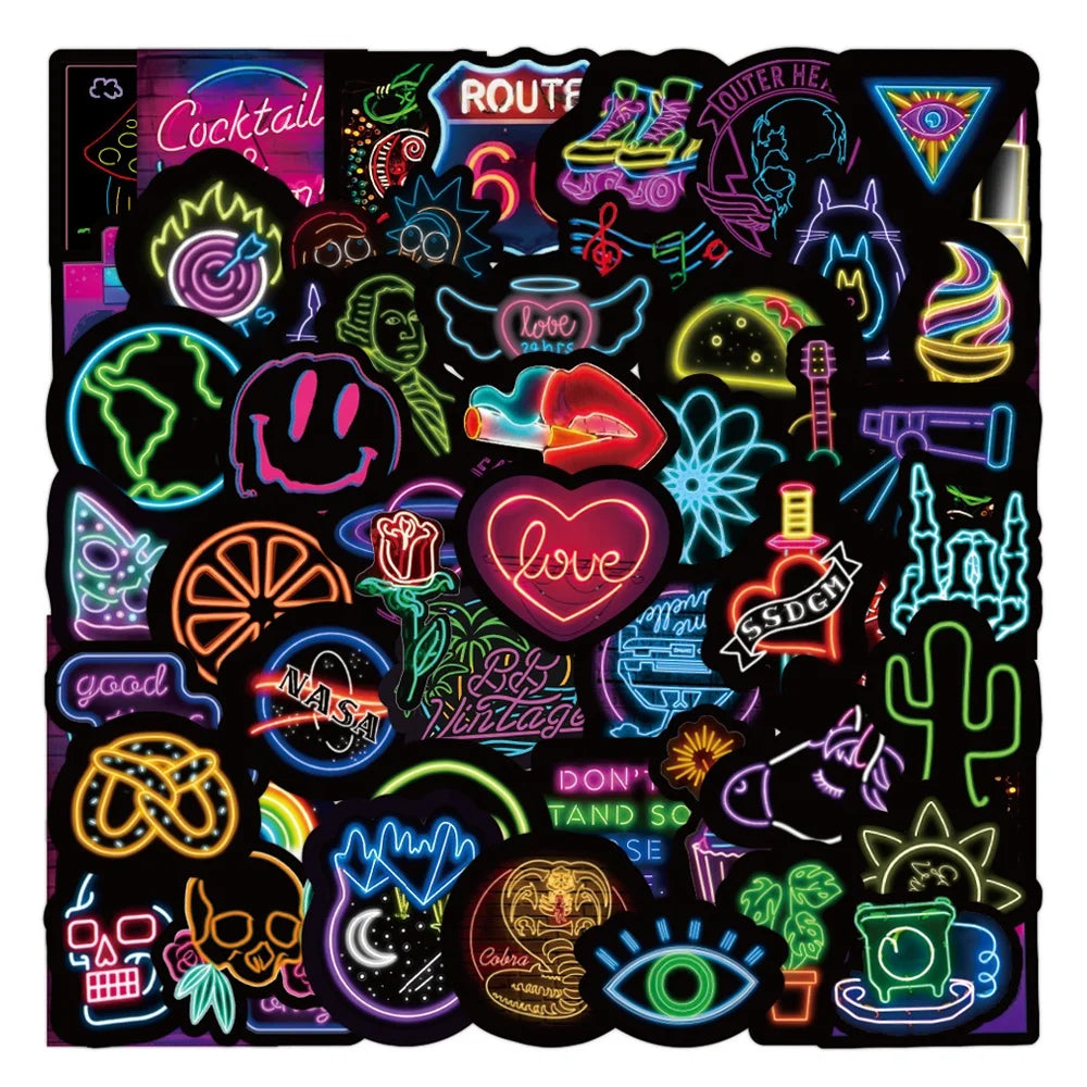 50Pcs Neon Lights Luminous Dark Cool Graffiti Stickers Girl Fashion Toys Gift Home Laptop Luggage Sticker Label