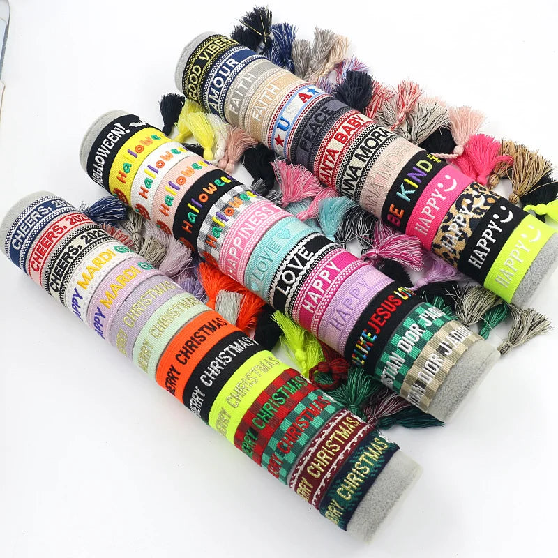 Customization Embroidered Letter LOGO Woven Wristband Webbing Tassel Bracelet