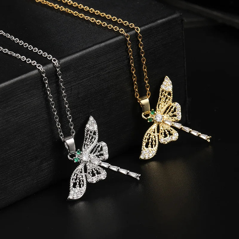 INS Fashion Creative Gold Plated Brass CZ Zircon Crystal Animal Dragonfly Pendant Necklace for Women Jewelry