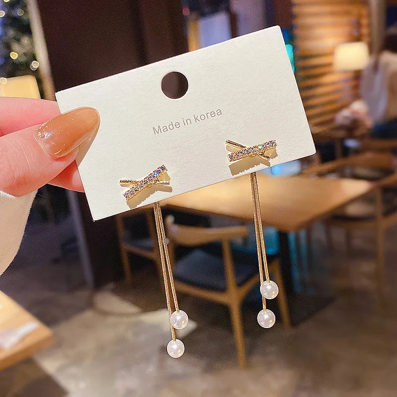 Personality Cross Ear Line Women Long Pearl Earrings Micro Inlaid Exquisite Earring Ear Jewelry for Wedding