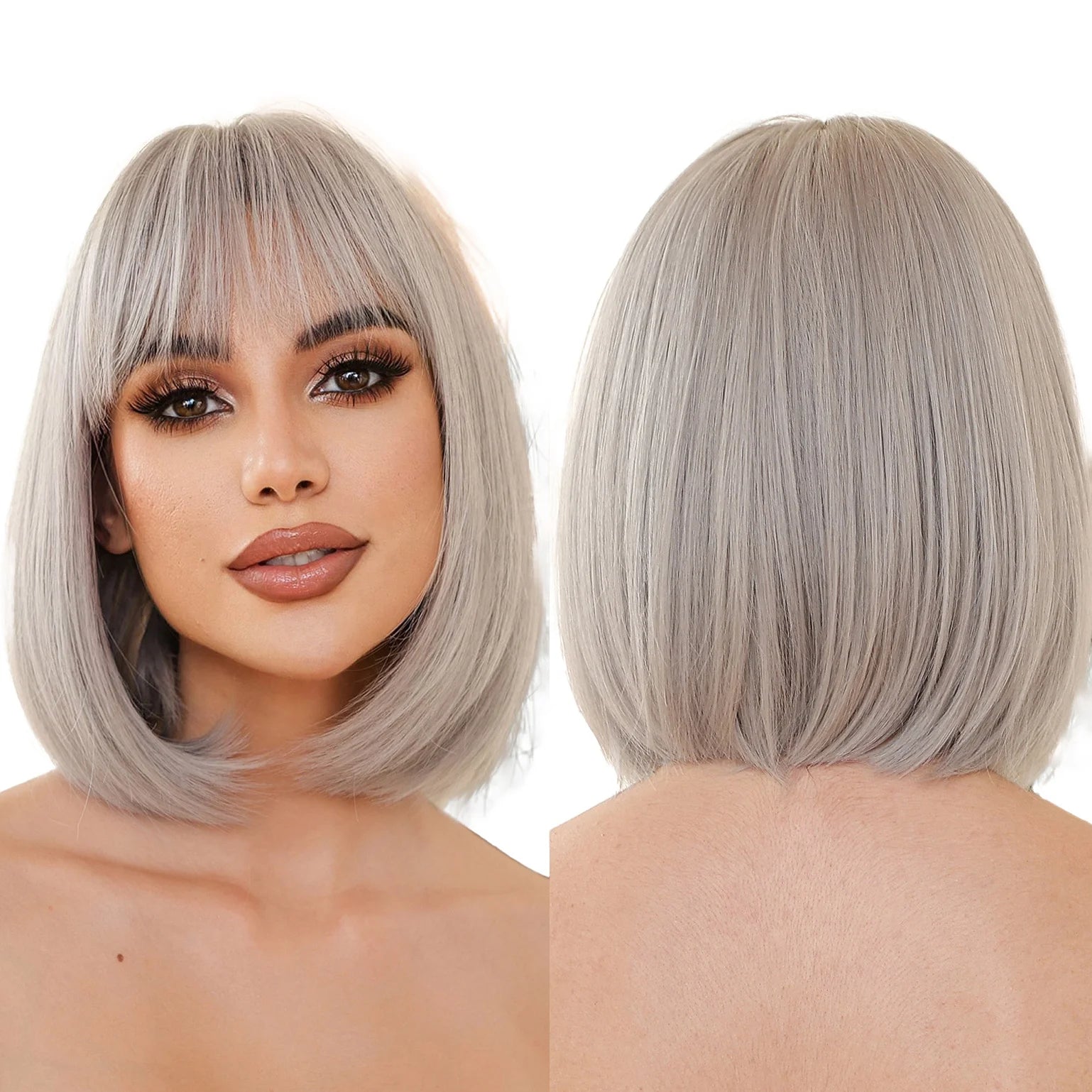 Short Natural Bob Gray Ash Blonde Synthetic Straight Wig with Full Bangs Daily Cosplay Women Short Wig for Women Heat Resistant