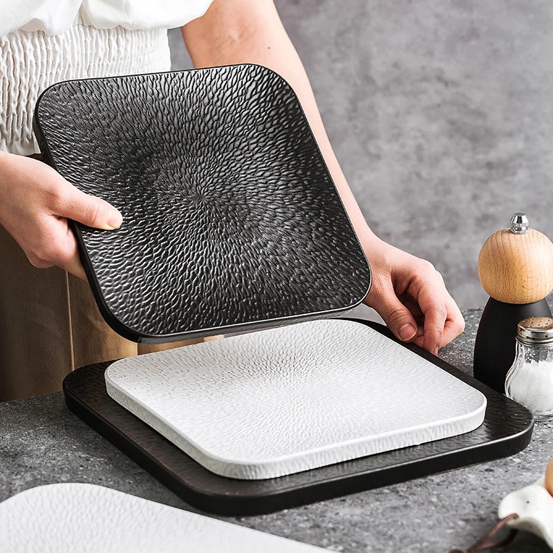 Elegant White Square Ceramic Plate Collection for Dessert & Dinner Soup Straw Hat & Fruit Tray for Hotel & Restaurant Tableware