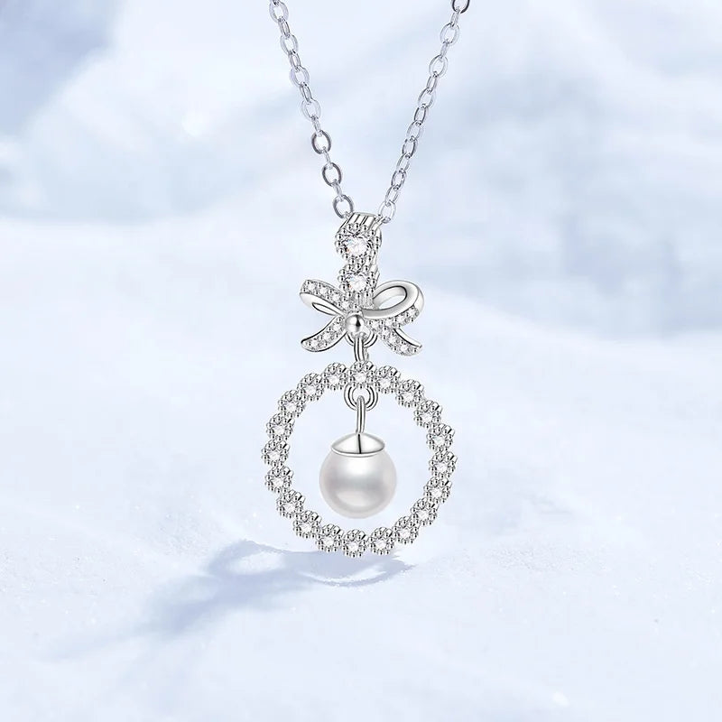 S925 Sterling Silver Moissanite & Freshwater Pearl Bow Pendant Necklace Wholesale Product Category