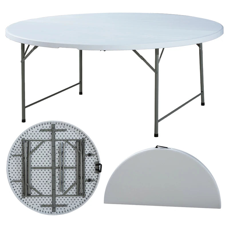 OEM 5 Foot White HDPE Utility Table Sturdy Portable Fold-In-Half Round Table with Handle Lock for Outdoor Use