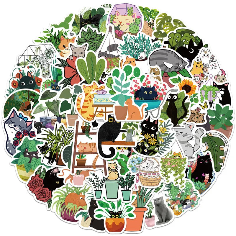 2022NEW 50Pcs Cartoon Cat and Plant Stickers Can Decorate the Luggage Compartment and Notebook Waterproof Non Repeating Stickers