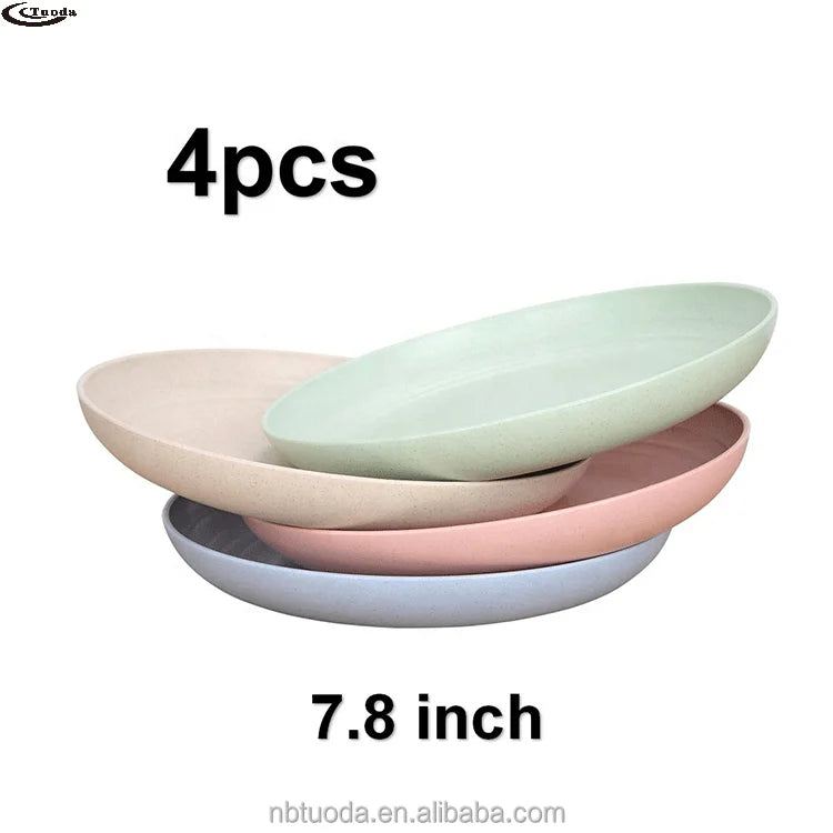 Factory Customize Colors Set of 4 Pcs Reusable Restaurant Plates Dinnerware 7.87 Inches Round Unbreakable Wheat Straw Plates