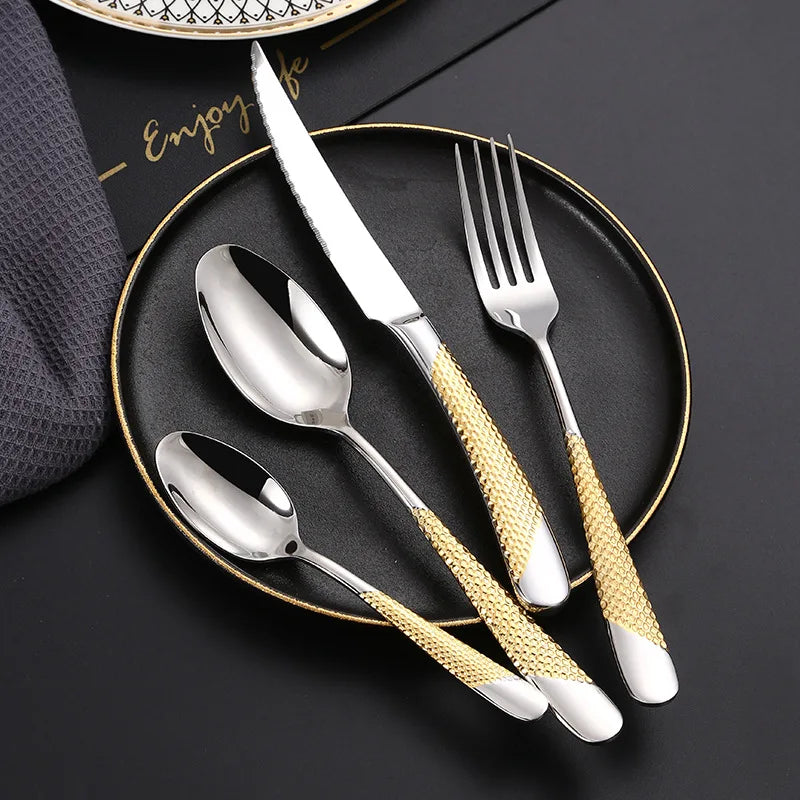 Luxury Wedding Gold Flatware Set 18/10 Stainless Steel Star Diamond Cutlery 4 Pcs Set