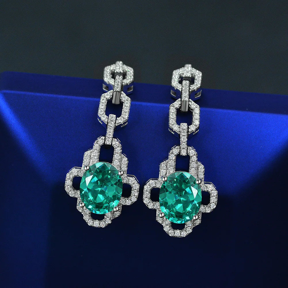Wholesale Excellent Oval Cut 9*11mm Lab Gemstone Green Paraiba Earring Women Exquisite Drop Earrings Sterling Silver 925