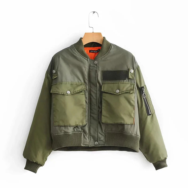 OEM Autumn 2021 Femme Chaqueta Mujer Bomber Jackets Women Green Warm Zipper Pockets Winter Coat Female Jackets Parkas