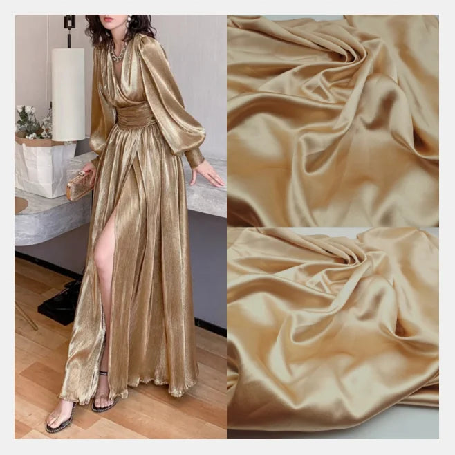 2023 Textured Shiny Heavy Bridal Crepe Satin Fabric Charmeuse Hammered Luxury 100% Polyester Bronze Satin Fabric for Dress