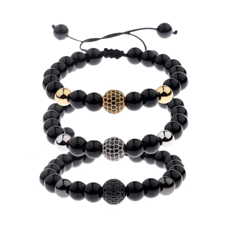 Hot Sale Micro-Infused Zircon Ball Bracelet Black Agate Frosted Stone Fashionable Couple's Bracelet