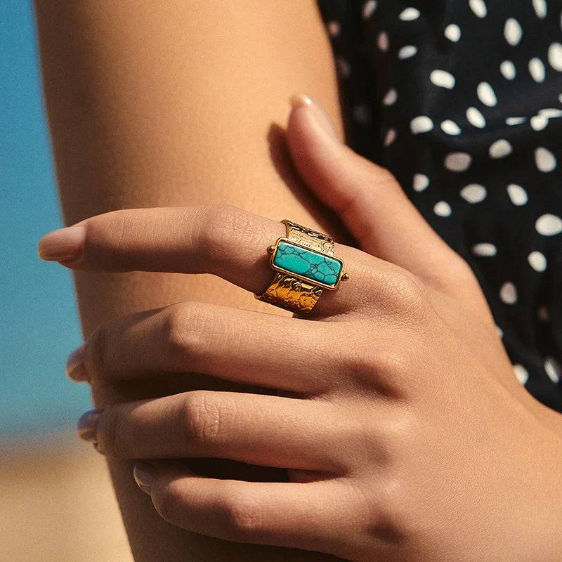 Bohemian Style Retro Women's Ring 18K Gold Inlaid Turquoise Wide Edge Waterproof and Non Fading Fine Stainless Steel Ring