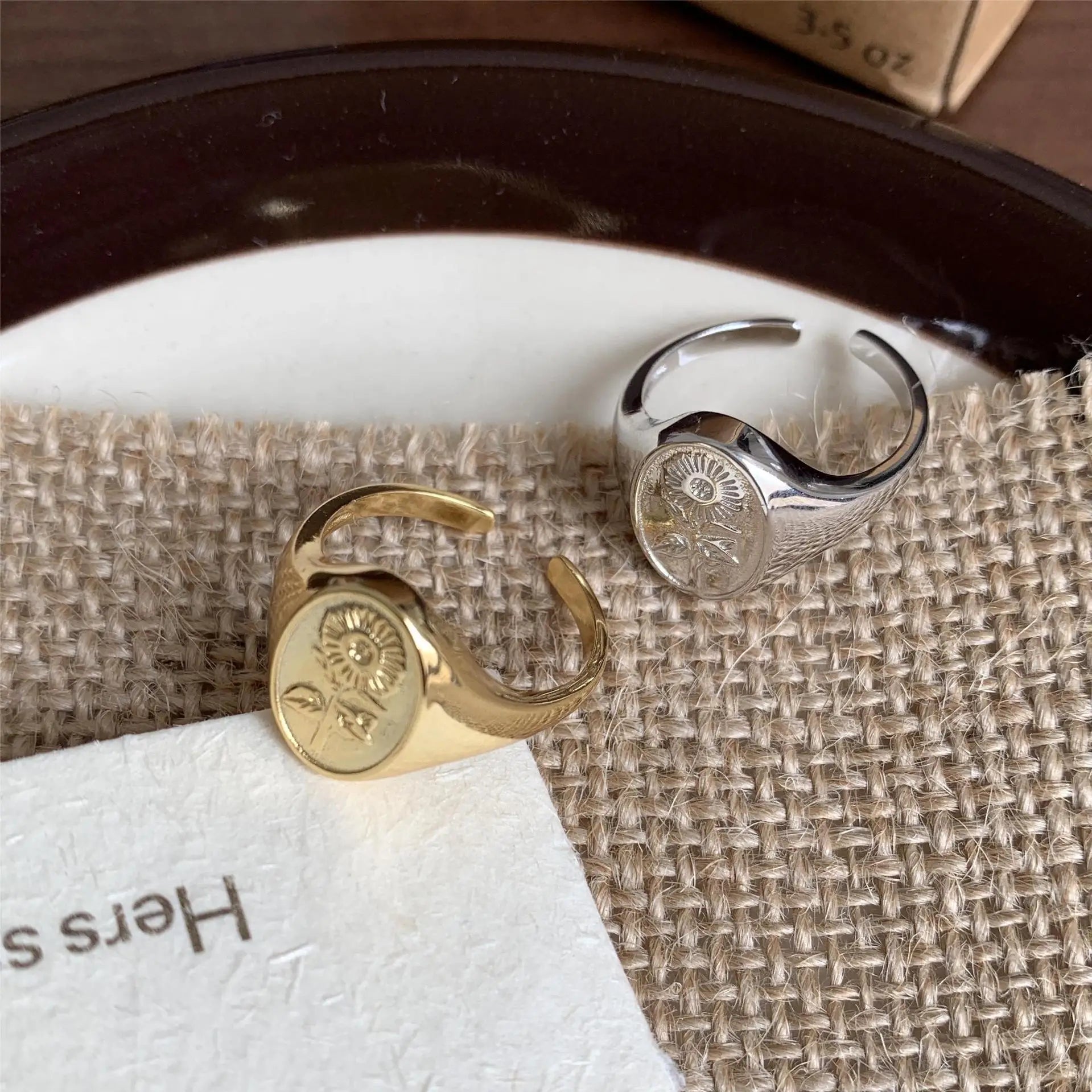 18K Gold Plated Sunflower Rings 925 Sterling Silver Chunky Dome Flower Signet Ring for Women