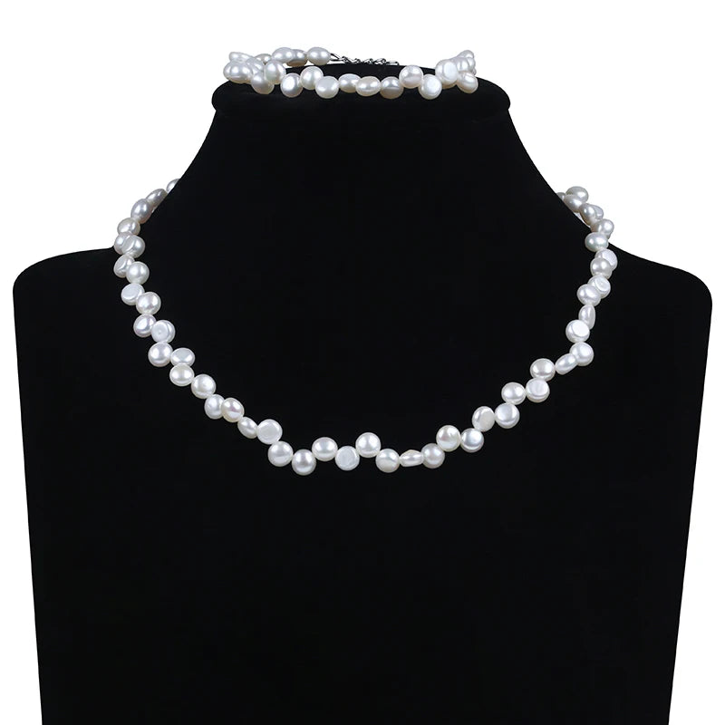 Zhuji Sample Design 6-7mm Button Shape Real Natural Freshwater Pearl Necklace Set Jewelry