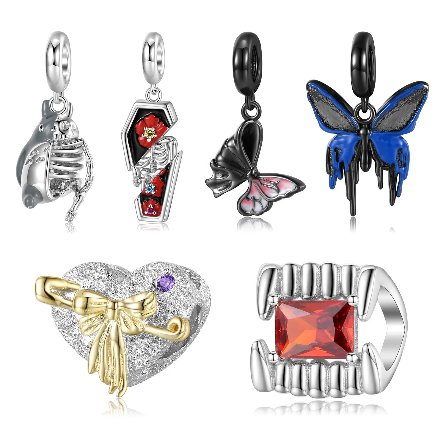 Black Butterfly Pendant 925 Sterling Silver Heart Charm Beads for Charm Bracelet Jewelry with Luxury Red Zirconia Dropshipping