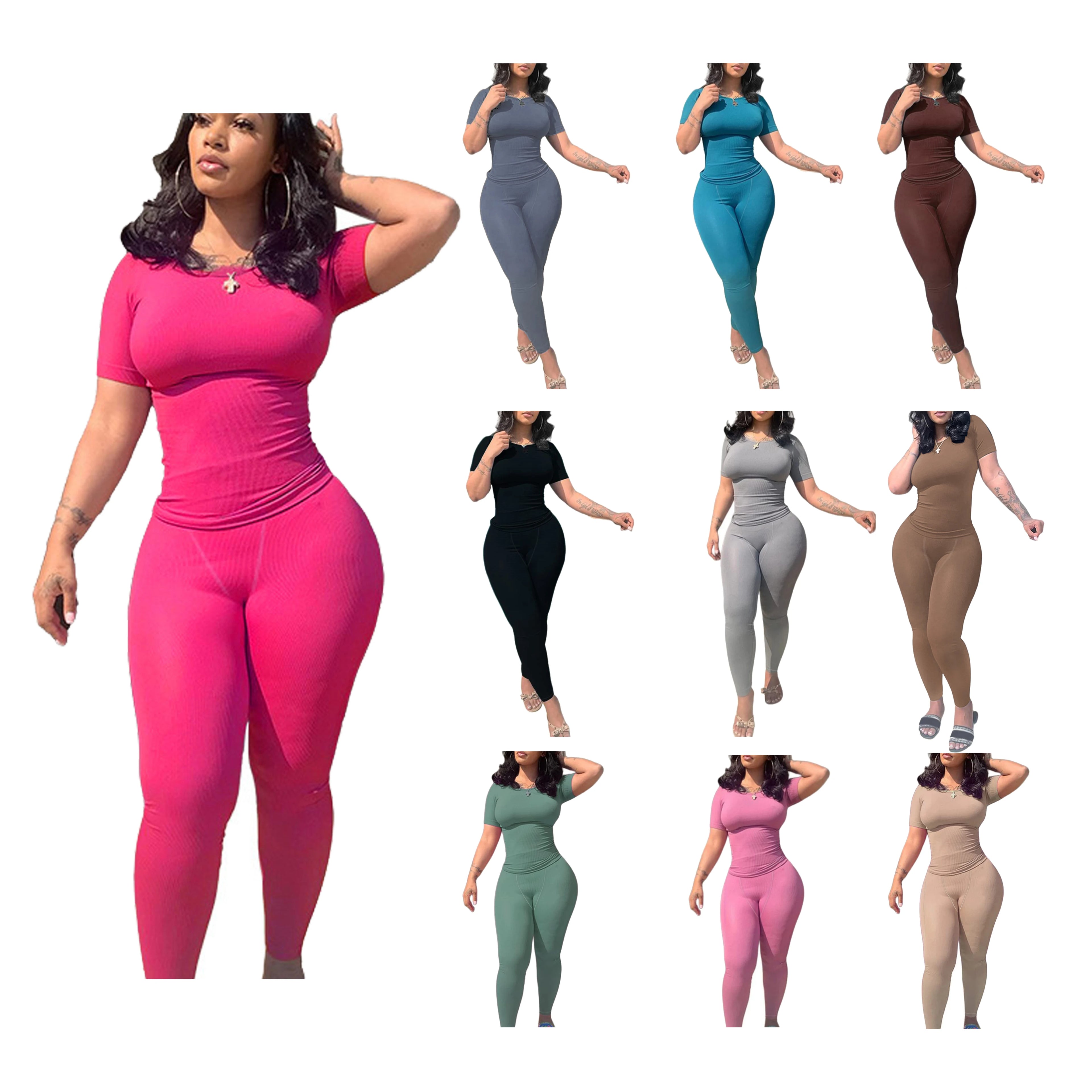 2023 Poly Ribbed Lounge Wear Tshirt Legging Two Pieces Set Loungewear Famous Branded Women s Clothing Dupe Wholesale