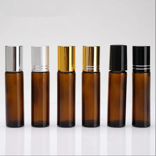In Stock 10ml Amber Glass Roller Perfume Bottle With Gold/silver/white/black Cap and Steel Roller