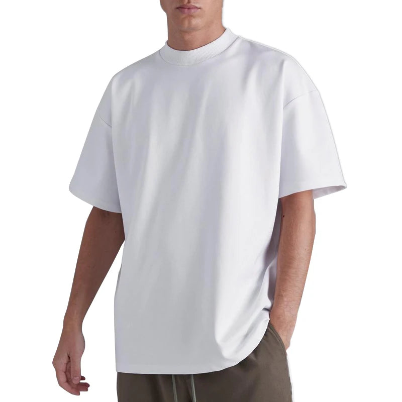 Men's 100% Cotton Oversized Drop Shoulder Streetwear Tshirt Custom Logo Printing Blank Mock Rib Neck Solid Customizable Logo
