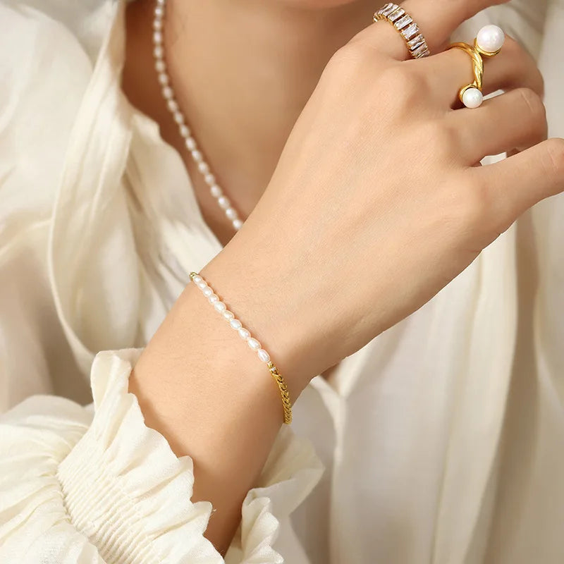 New Popular Hip-Hop Ins Style Titanium Steel 18K Gold Freshwater Pearl OT Buckle Bracelet Jewelry  Hypoallergenic