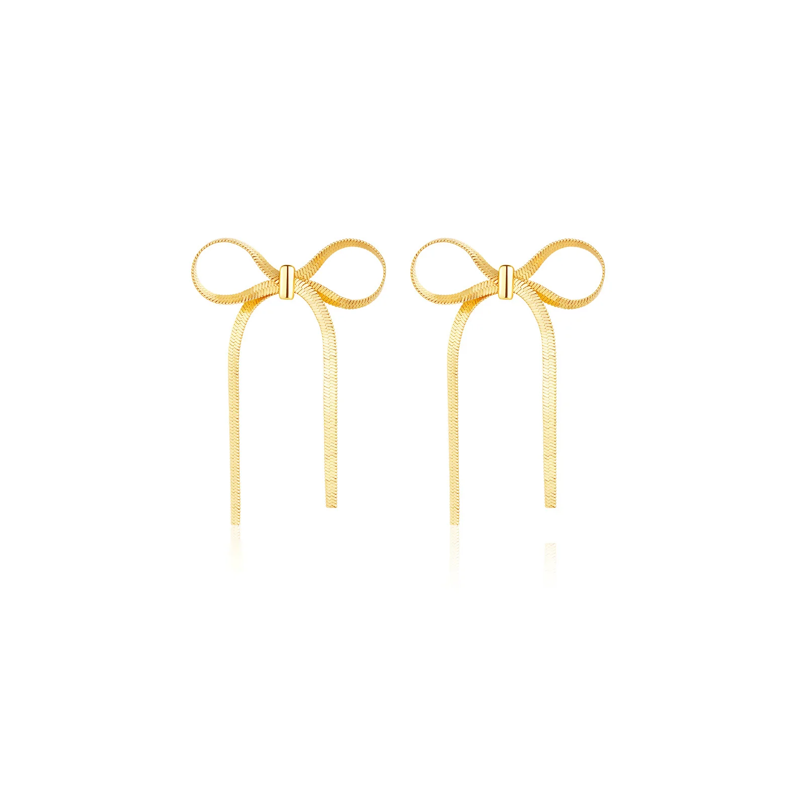 Wholesale Fashion Long Chain Bow Earrings Brass Gold Pleated Ribbon Bow Tassel Earring