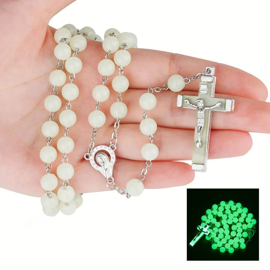 8MM Luminous Christian Catholic Rosary Jewelry Luminous Rosary Cross Necklace Glow in Dark Necklace