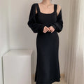 Elegant Sling Knitted Solid Color Dress + Sweater Coat Jacket Autumn and Winter New Knitted Cardigan Outer Wear Women's Suit